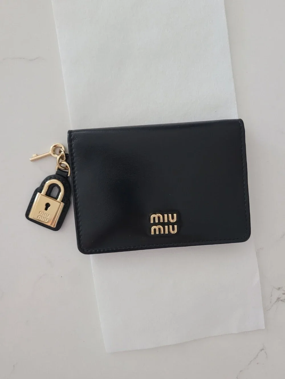 Miu Miu small black leather wallet with gold Pendent Lock Charm